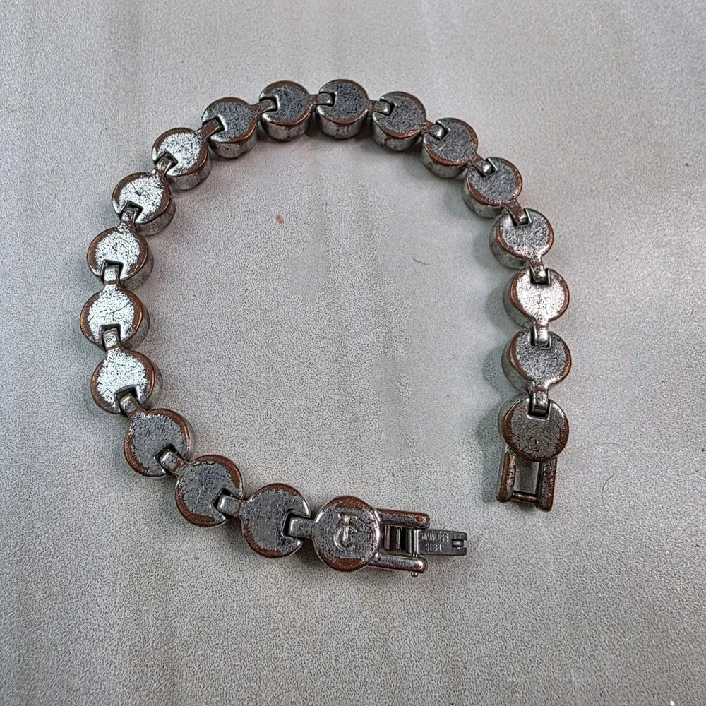 Vintage TC Stainless‎ Steel Bezel Set Clear Crystal Tennis Bracelet Silver Tone
